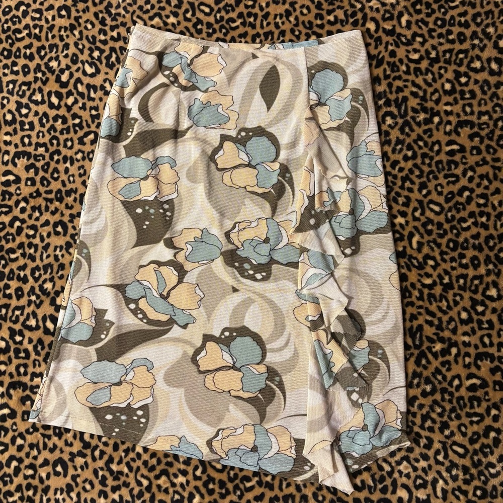 Blue and Cream Asymmetrical Pencil Midi Skirt